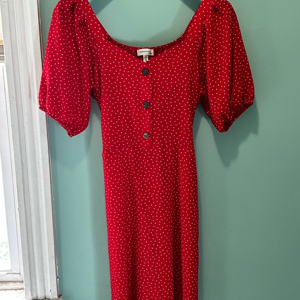 Monteau Red Polka Dot Puff-Sleeve Midi Dress